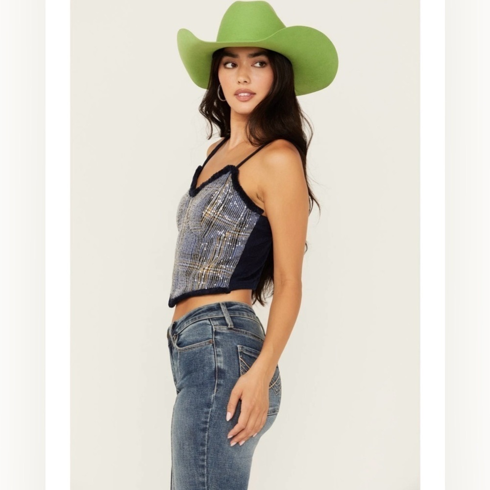 Miss Me Women's Sequins Plaid Print Crop Tank Country Western Y2K Size Medium - Picture 2 of 11